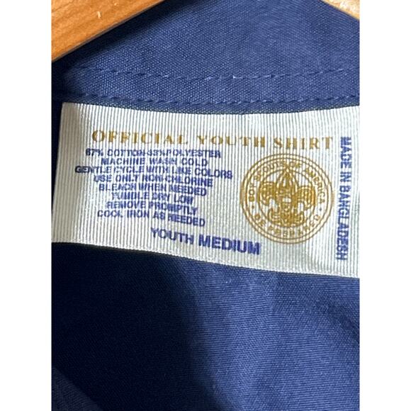 Boy Scout Youth Medium Button Up Shirt Navy Patches Crossroads of America Flag - Picture 6 of 9